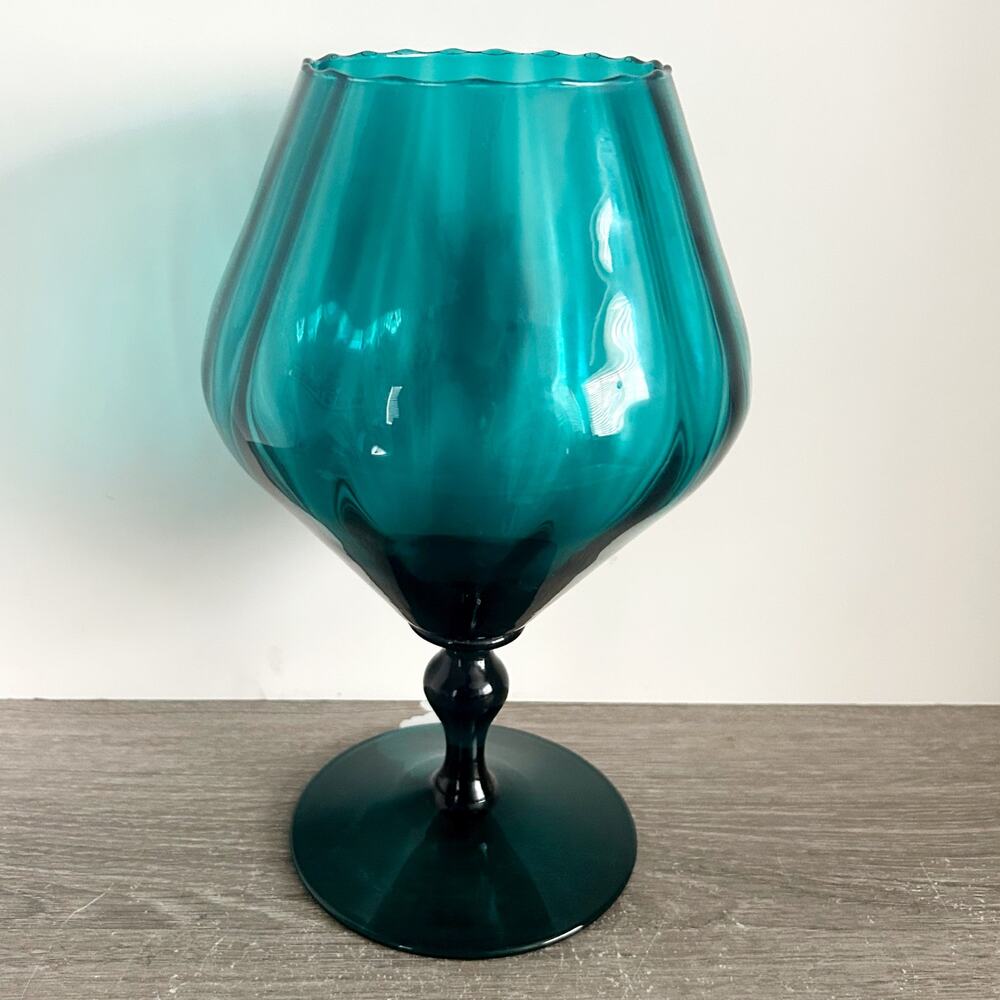 Vtg Empoli Italy Hand Blown Dark Blue Glass Brandy Snifter Vase MCM 10.5” Tall